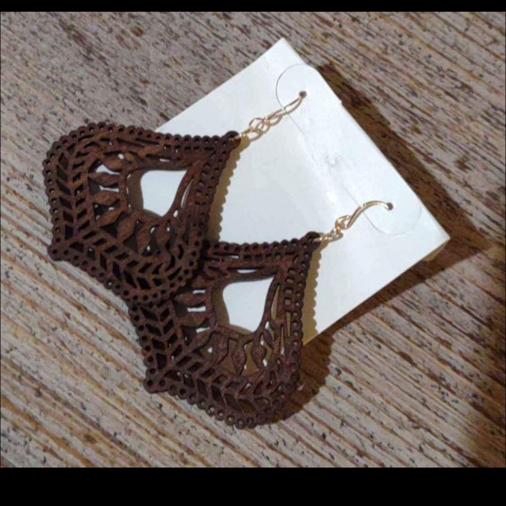 Wooden Hollowed Out Drop Earrings Brown